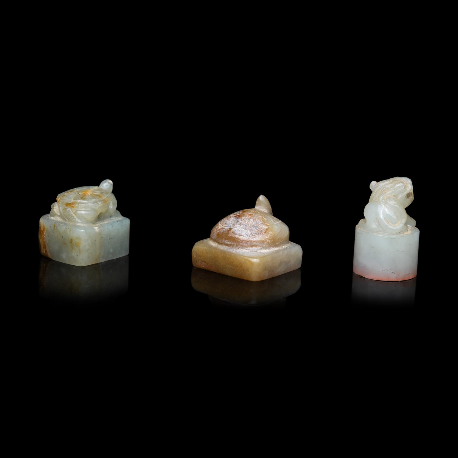 Three Chinese Celadon Jade Seals, Qing Dynasty 清 青玉印三枚