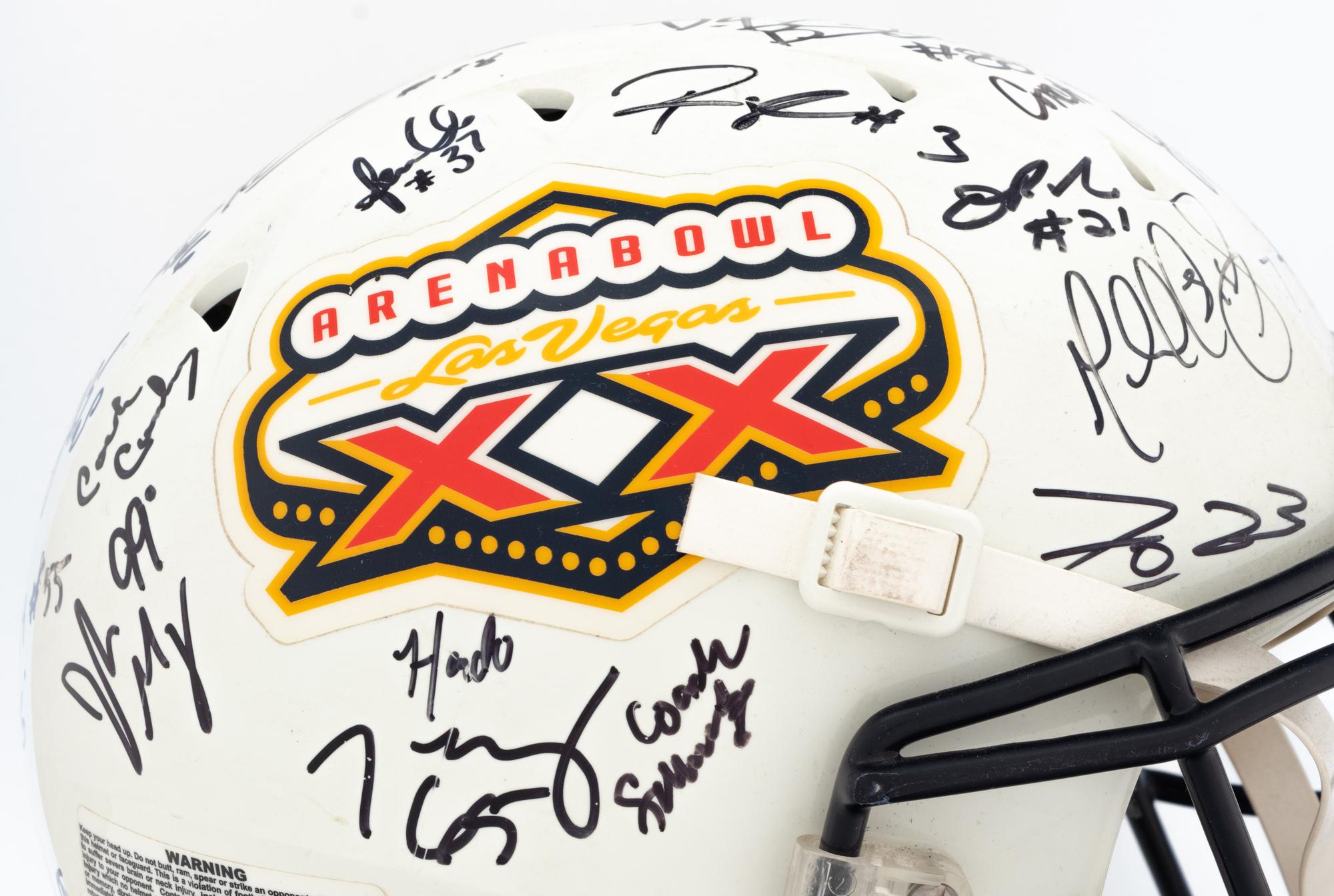A 2006 Chicago Rush Team Signed Autograph Arena Bowl XX Football Helmet Presented to Mike Ditka Formerly Displayed at Mike Ditka's Restaurant