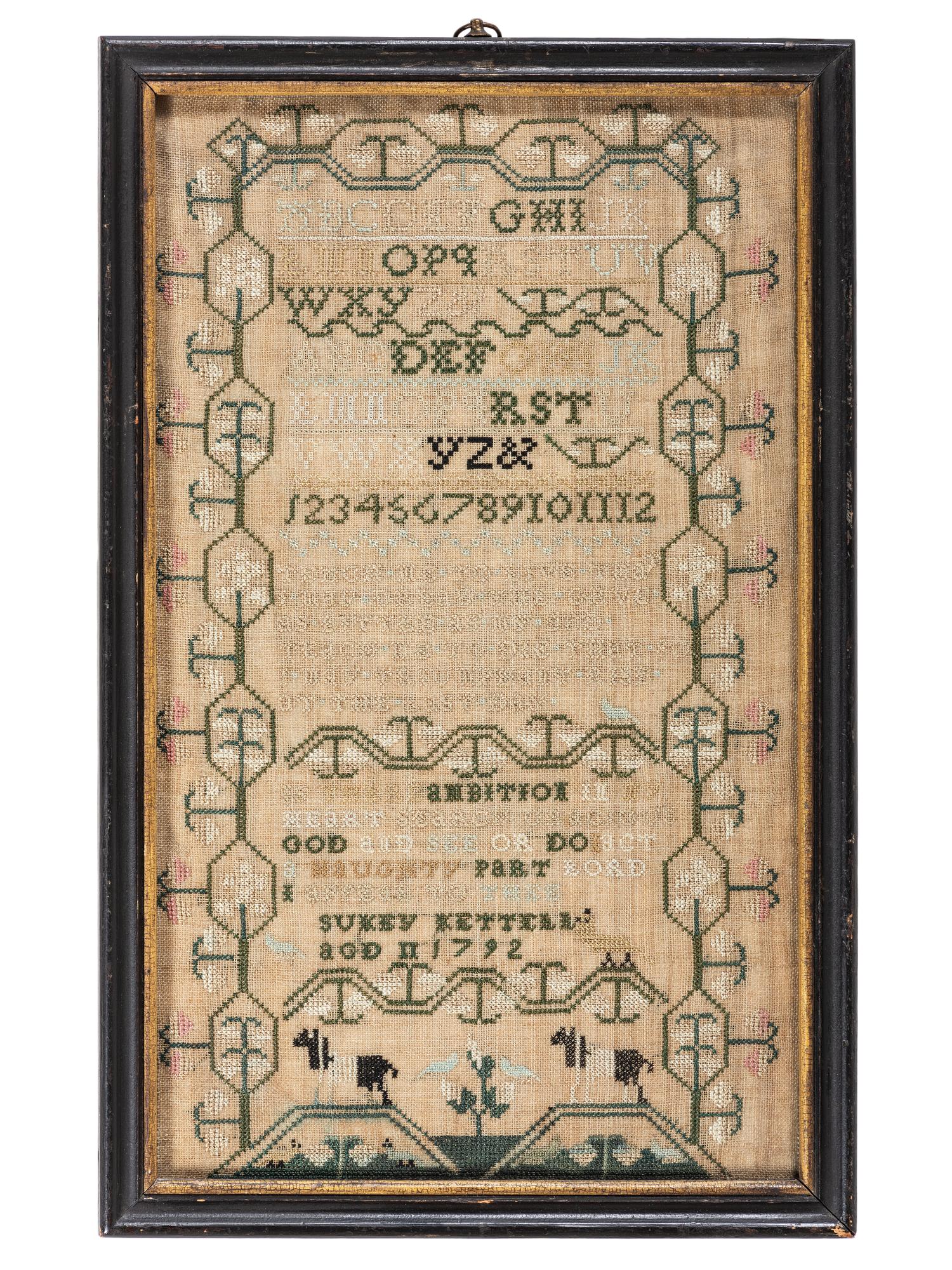 A Pair of Needlework Embroidered Schoolgirls' Samplers, Wrought by the Kettell Sisters, Sukey and Esther