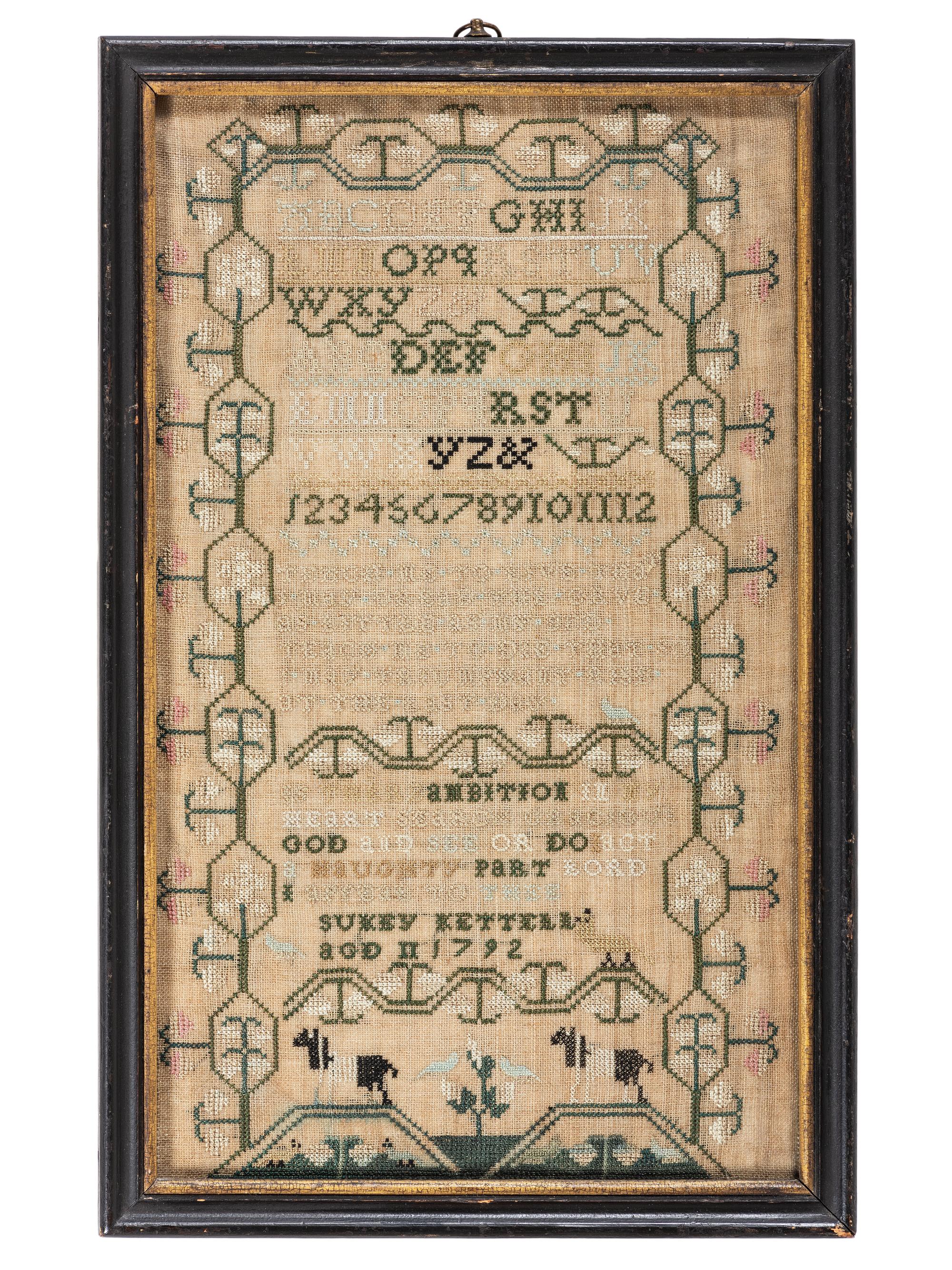 A Pair of Needlework Embroidered Schoolgirls' Samplers, Wrought by the Kettell Sisters, Sukey and Esther