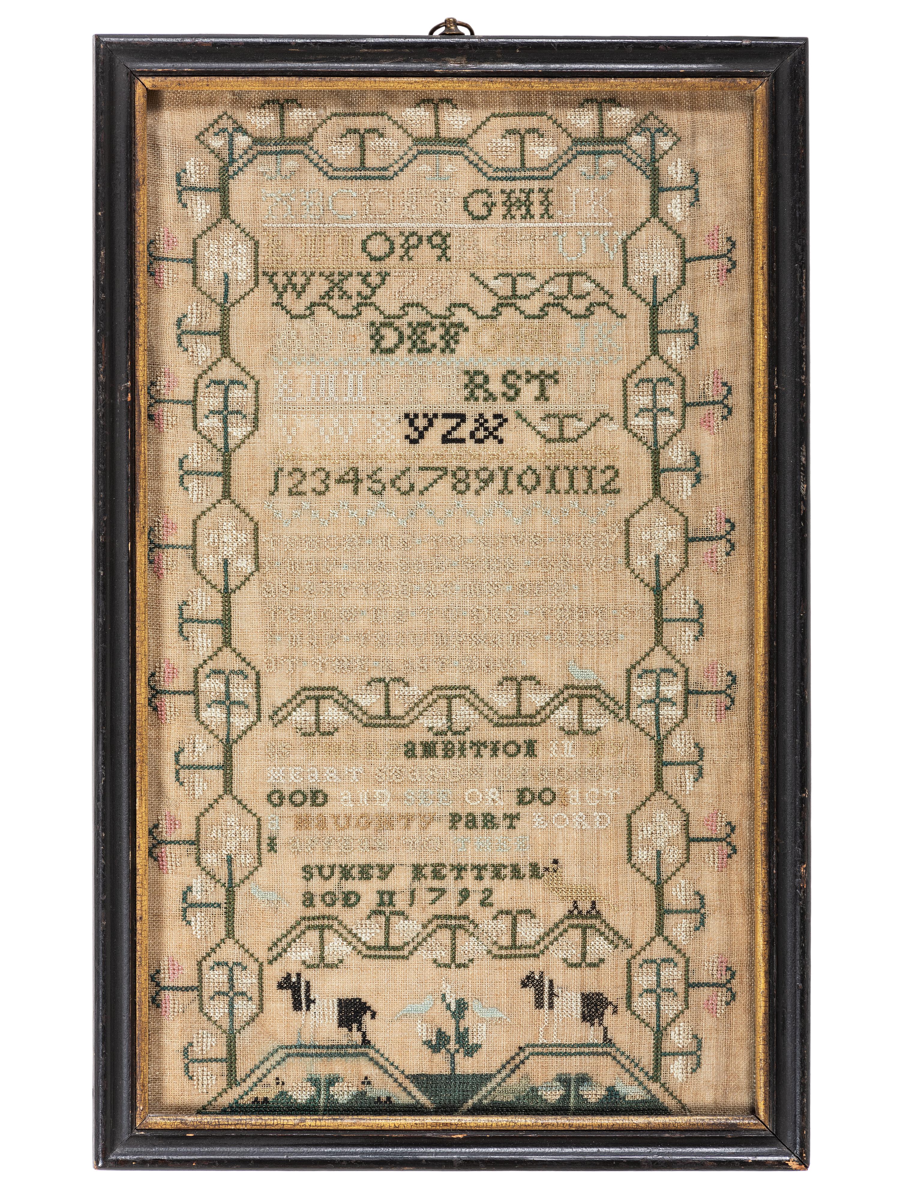 A Pair of Needlework Embroidered Schoolgirls' Samplers, Wrought by the Kettell Sisters, Sukey and Esther