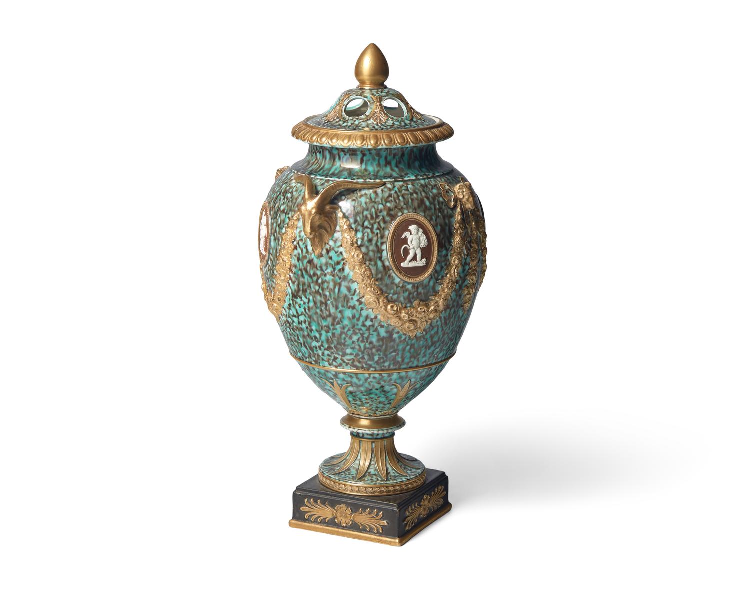 A Wedgwood Creamware Crystalline and Parcel Gilt Covered Flower Urn