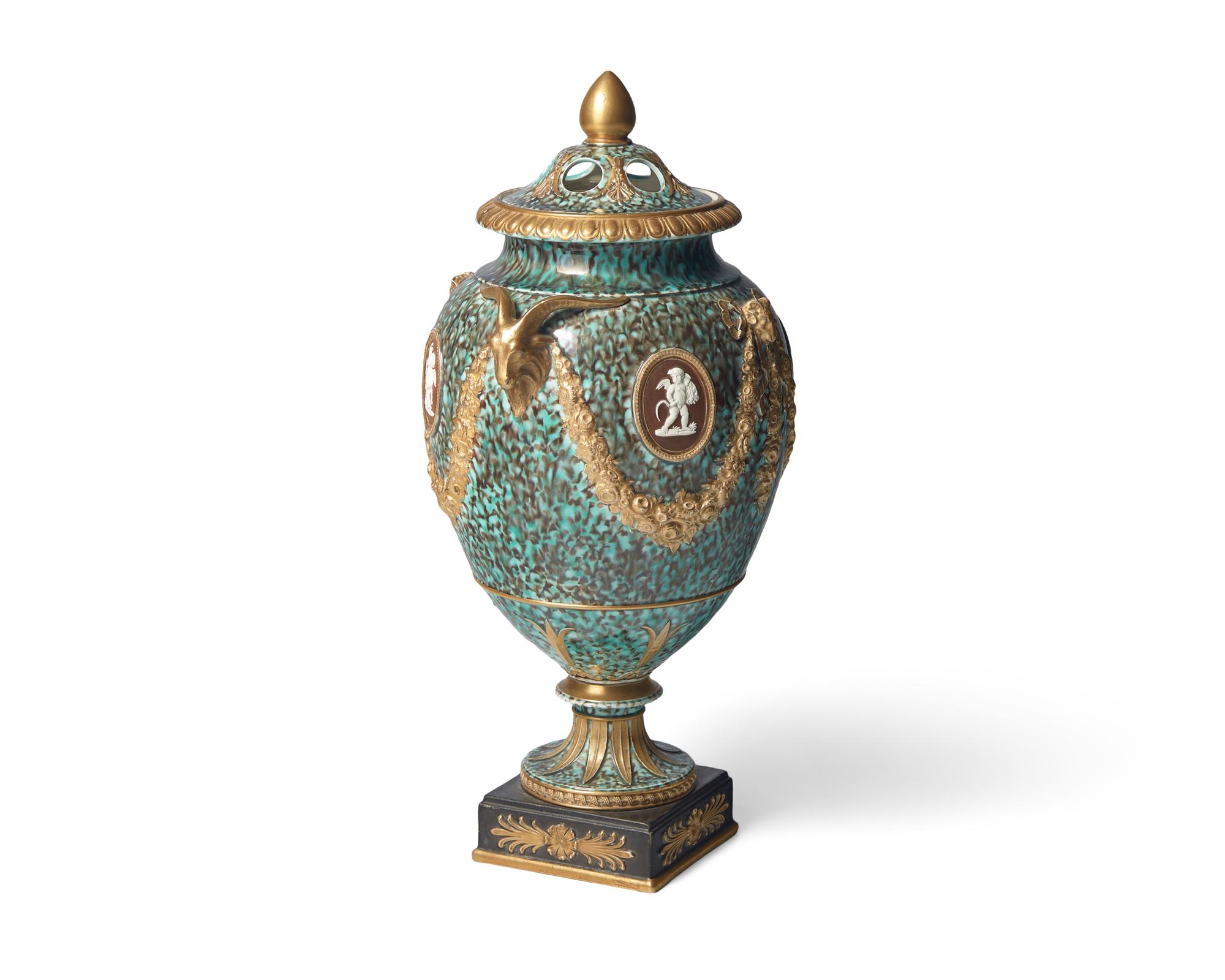 A Wedgwood Creamware Crystalline and Parcel Gilt Covered Flower Urn