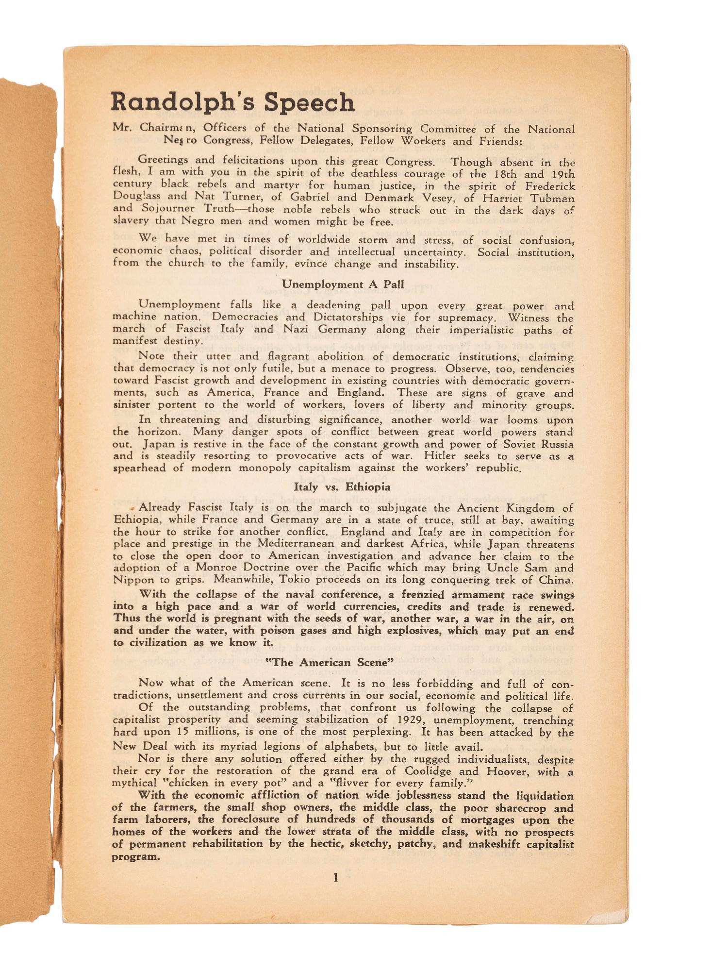 [CIVIL RIGHTS]. Resolutions of the National Negro Congress Held in Chicago, Ill. February 14, 15, 16, 1936. [Washington, DC]: February 1936.