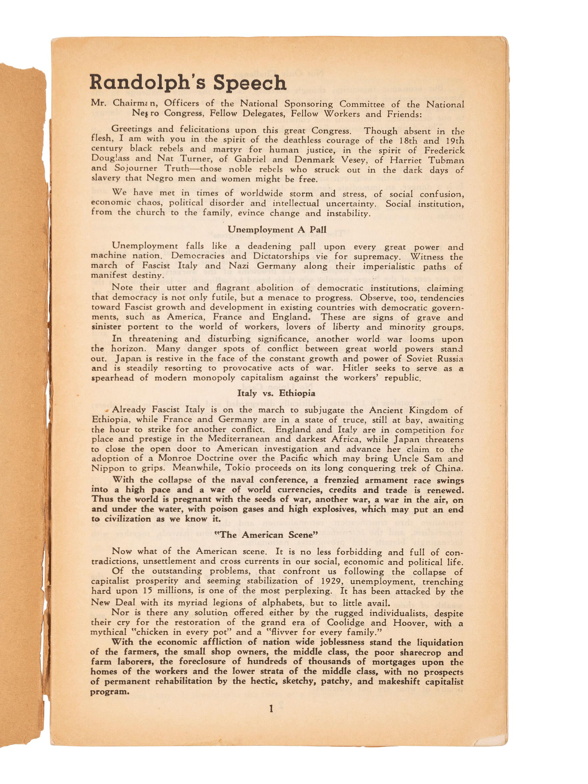 [CIVIL RIGHTS]. Resolutions of the National Negro Congress Held in Chicago, Ill. February 14, 15, 16, 1936. [Washington, DC]: February 1936.