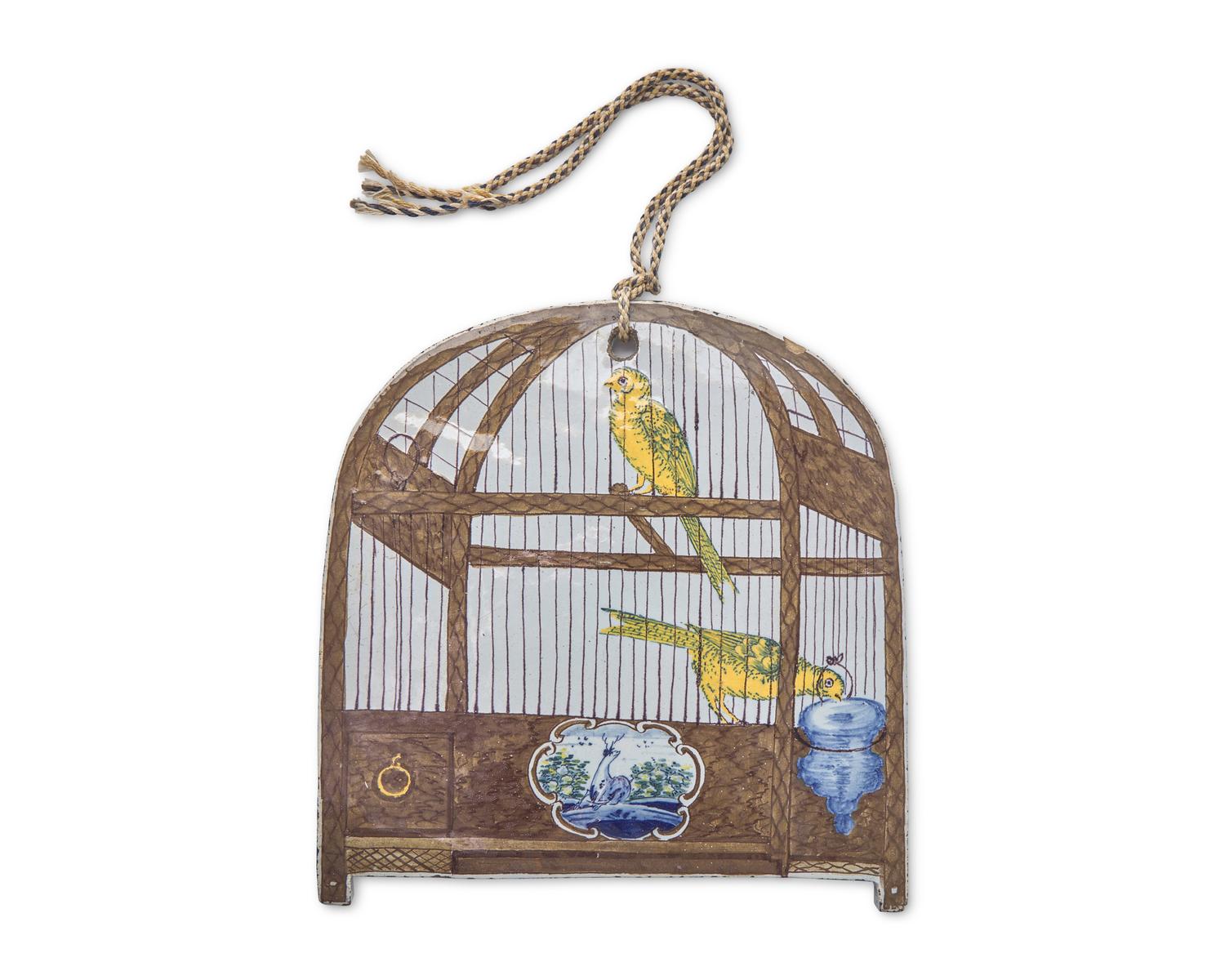 A Dutch Delft Polychrome Trompe L'Oeil Birdcage Plaque, 18th Century