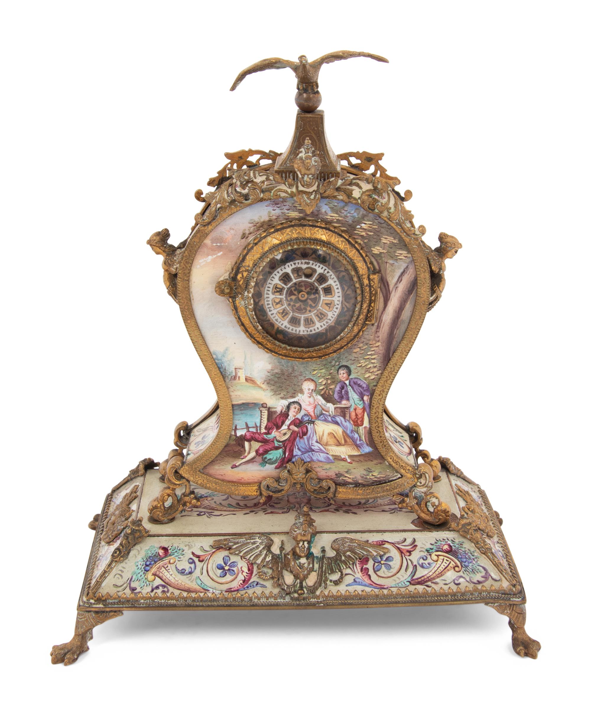 A Continental Gilt Metal and Enamel Table Clock