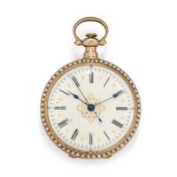 SILVER-GILT, PEARL AND ENAMEL OPEN FACE POCKET WATCH