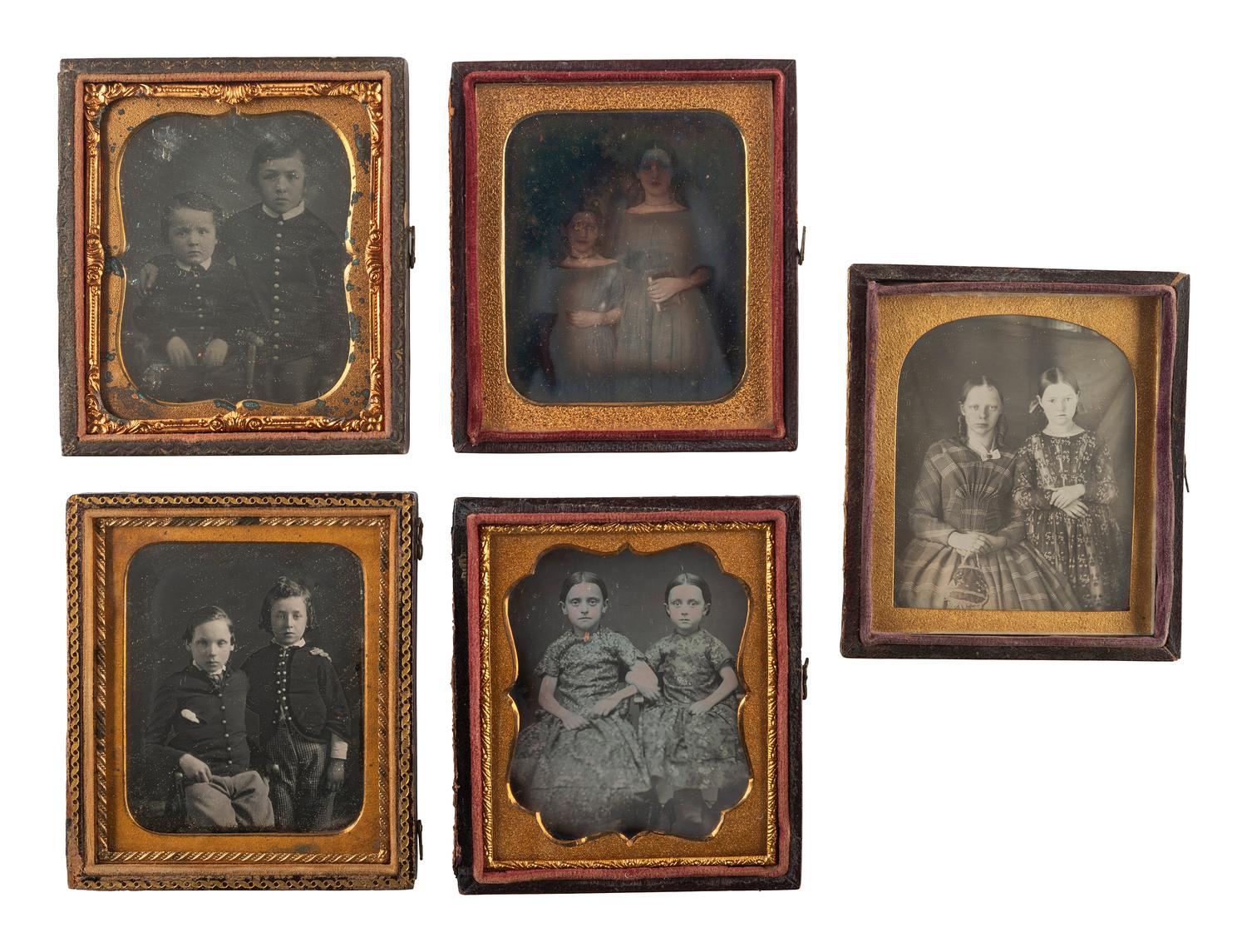 [EARLY PHOTOGRAPHY]. A group of 10 daguerreotypes of pairs of children and young adults, including: