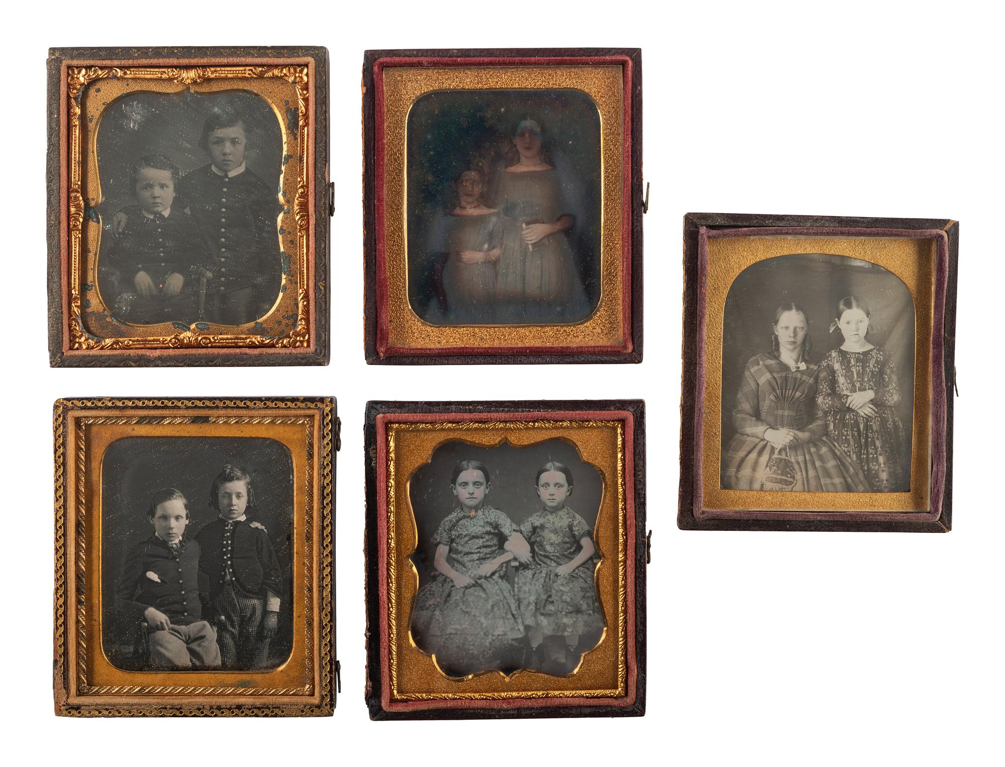 [EARLY PHOTOGRAPHY]. A group of 10 daguerreotypes of pairs of children and young adults, including: