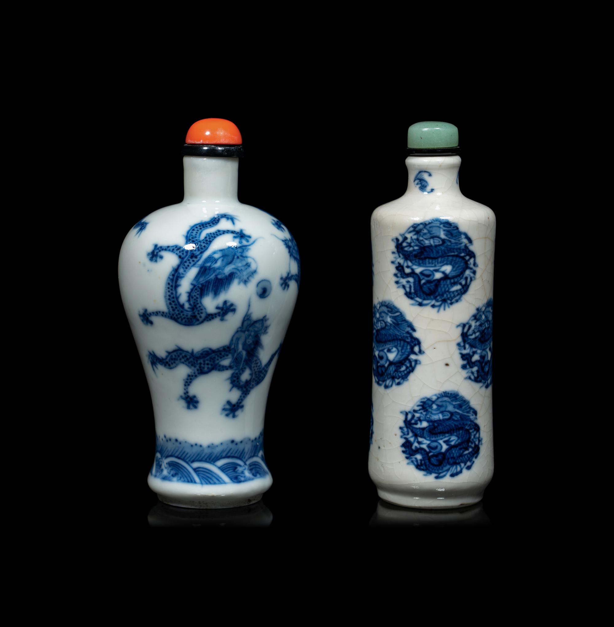Two Chinese Blue and White Porcelain 'Dragons' Snuff Bottles