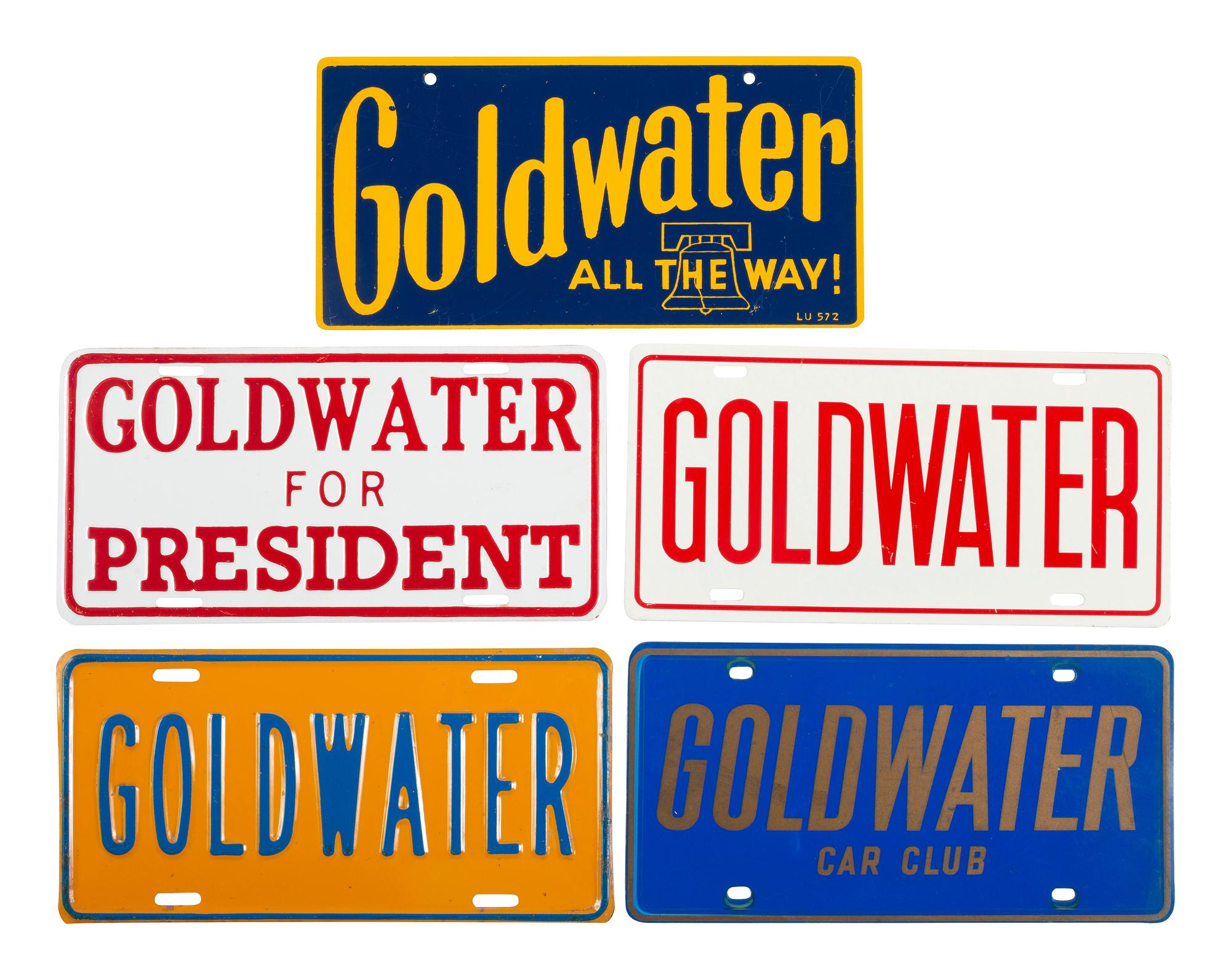 [POLITICS]. A group of 8 campaign license plates and attachments promoting Roosevelt, Eisenhower & Nixon, and Goldwater.