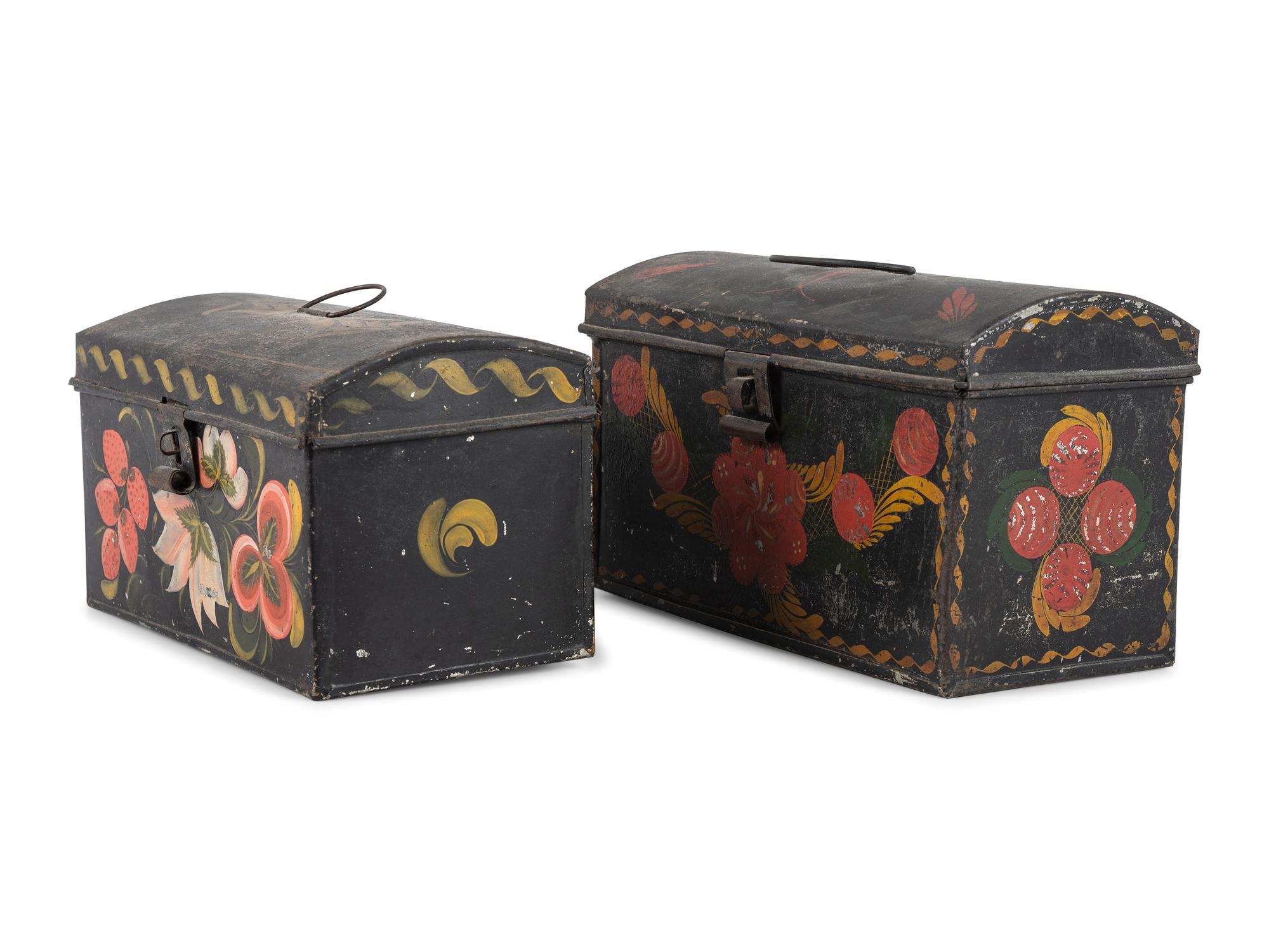 Two Polychrome and Stenciled Toleware Boxes