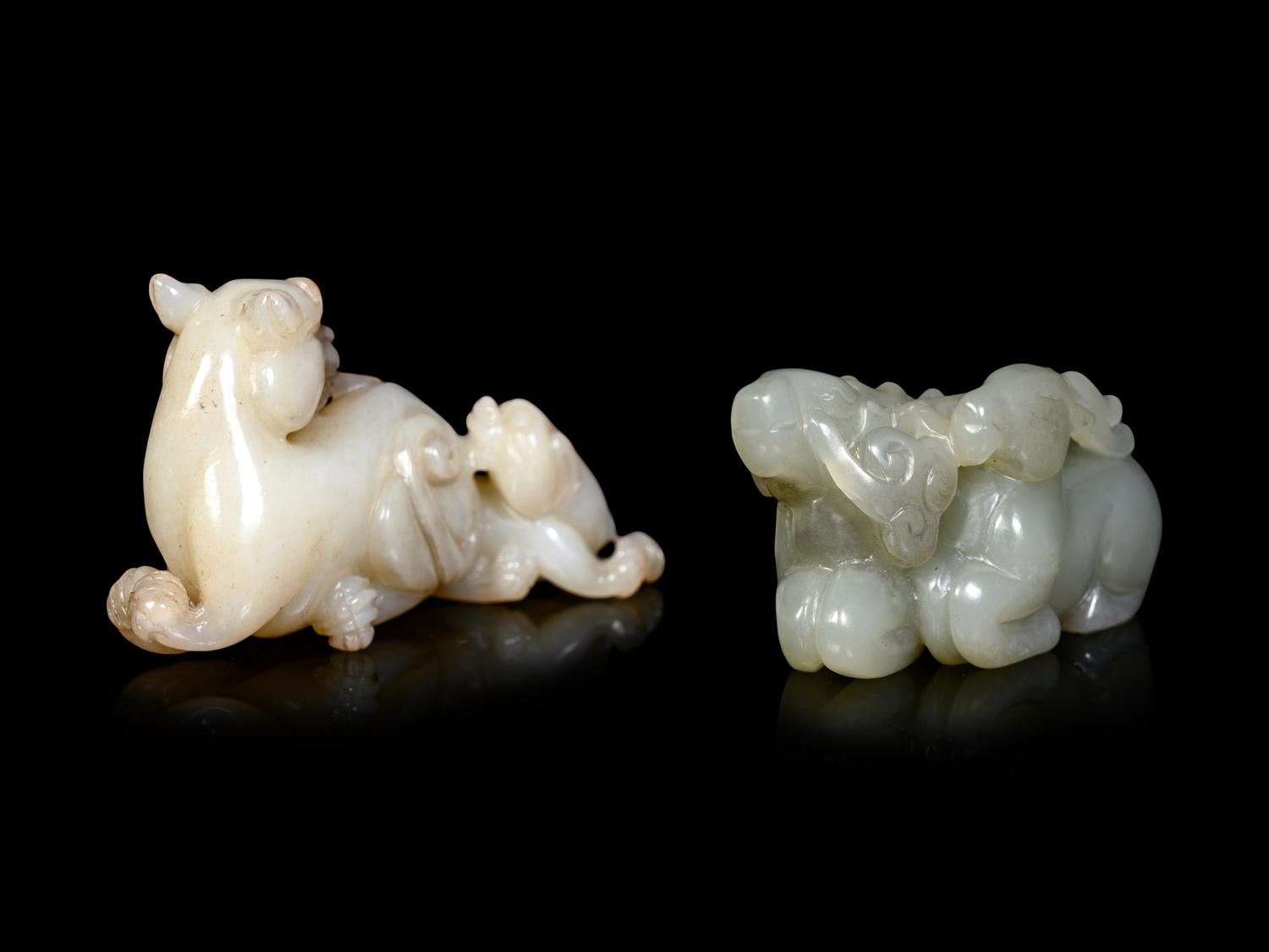 Two Chinese Celadon Jade Carvings of Mythical Beasts