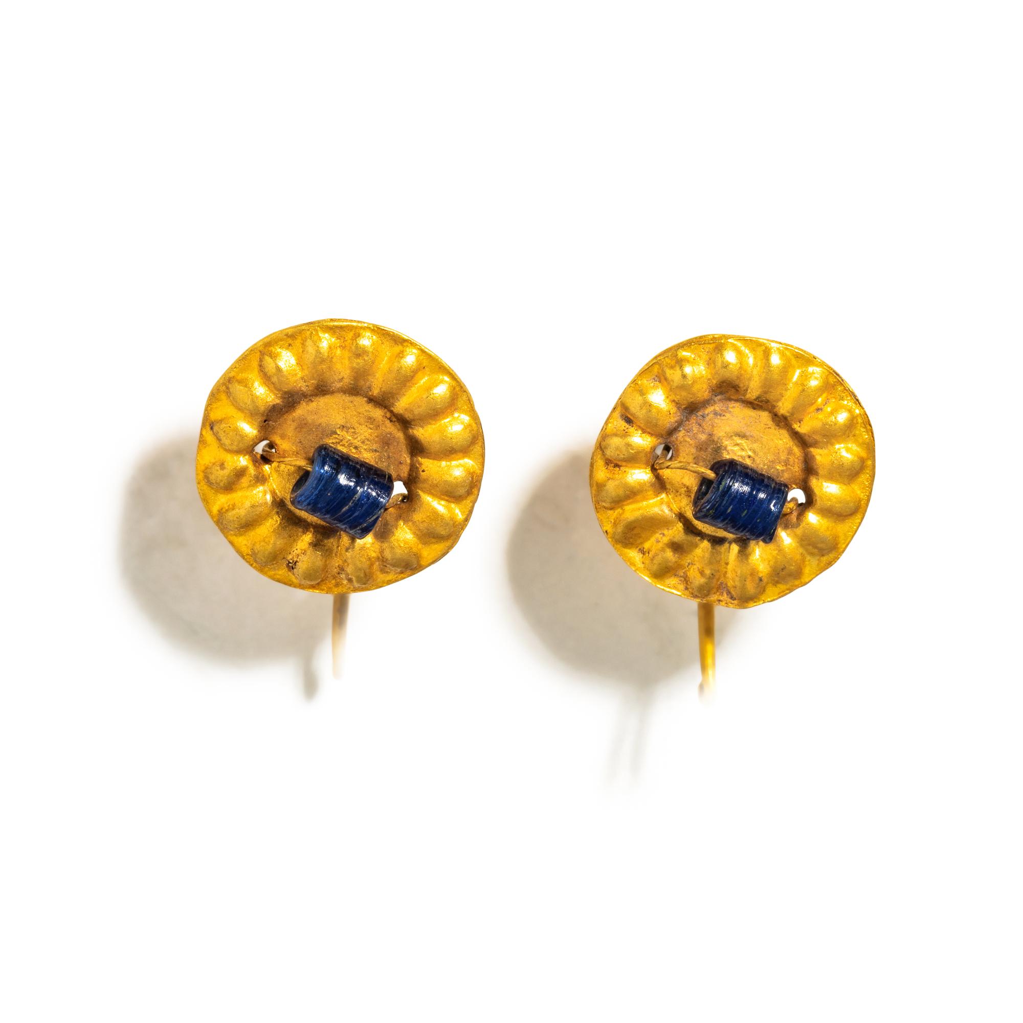 A Pair of Late Roman Gold and Blue Glass Earrings