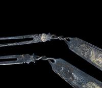 A Pair of Chinese Parcel Gilt Silver 'Bird and Foliate' Hairpins, Chai, Tang Dynasty 唐 鎏金卷草飛鳥紋銀釵一對