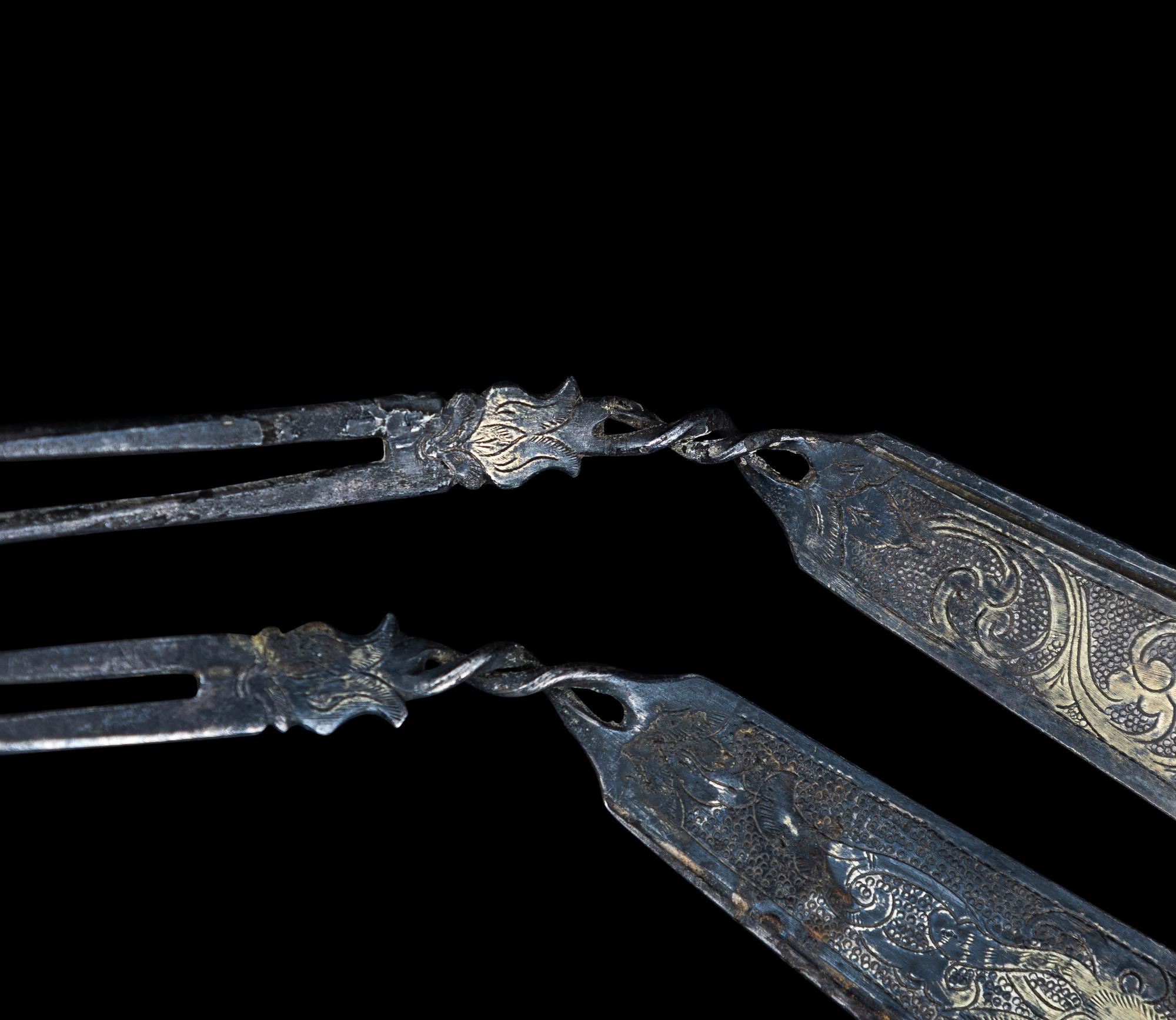 A Pair of Chinese Parcel Gilt Silver 'Bird and Foliate' Hairpins, Chai, Tang Dynasty 唐 鎏金卷草飛鳥紋銀釵一對