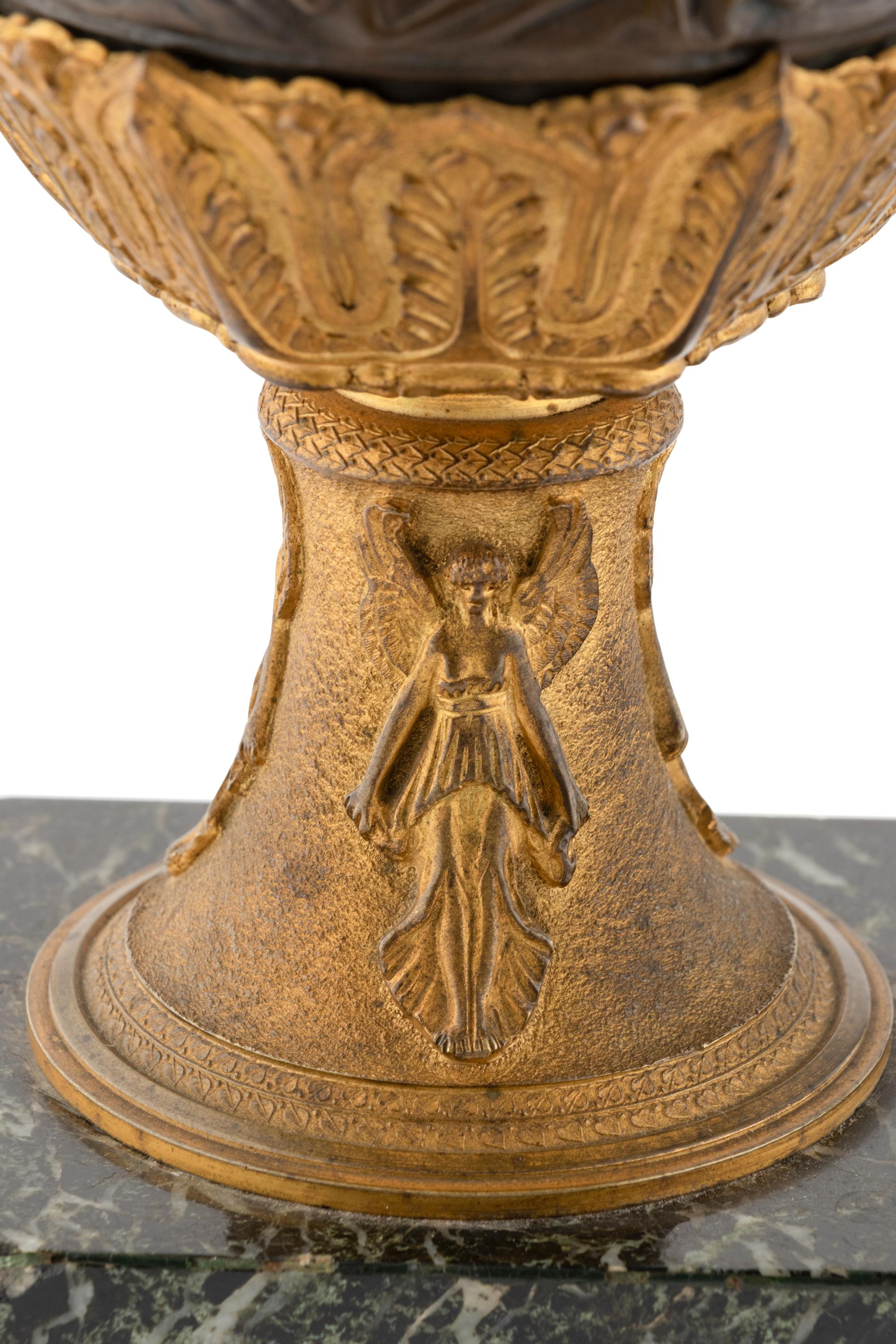 A Pair of Empire Style Gilt and Patinated Bronze and Marble Urn Ornaments