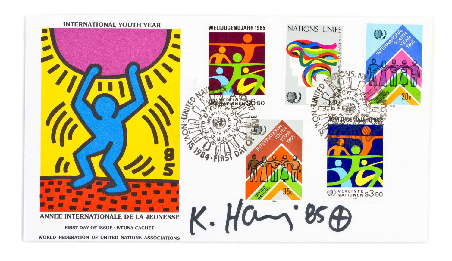 HARING, KEITH. Autographed enveloped signed ("K. Haring '85"), on a World Federation of United Nations Assoc. envelope, w/ 5 stamps.