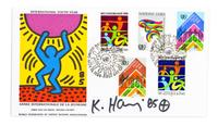 HARING, KEITH. Autographed enveloped signed ("K. Haring '85"), on a World Federation of United Nations Assoc. envelope, w/ 5 stamps.