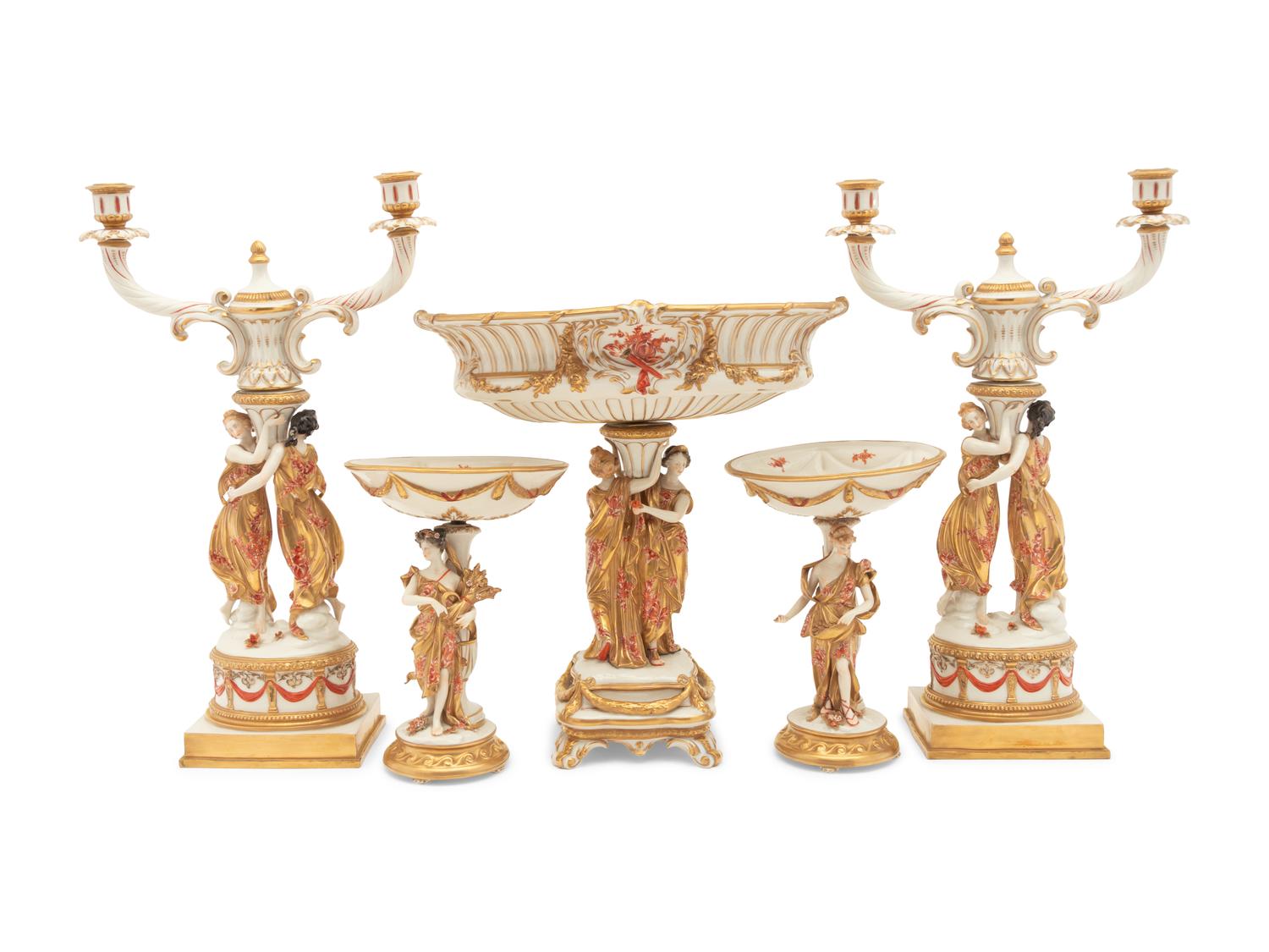 A Capodimonte Porcelain Figural Seventeen-Piece Table Garniture