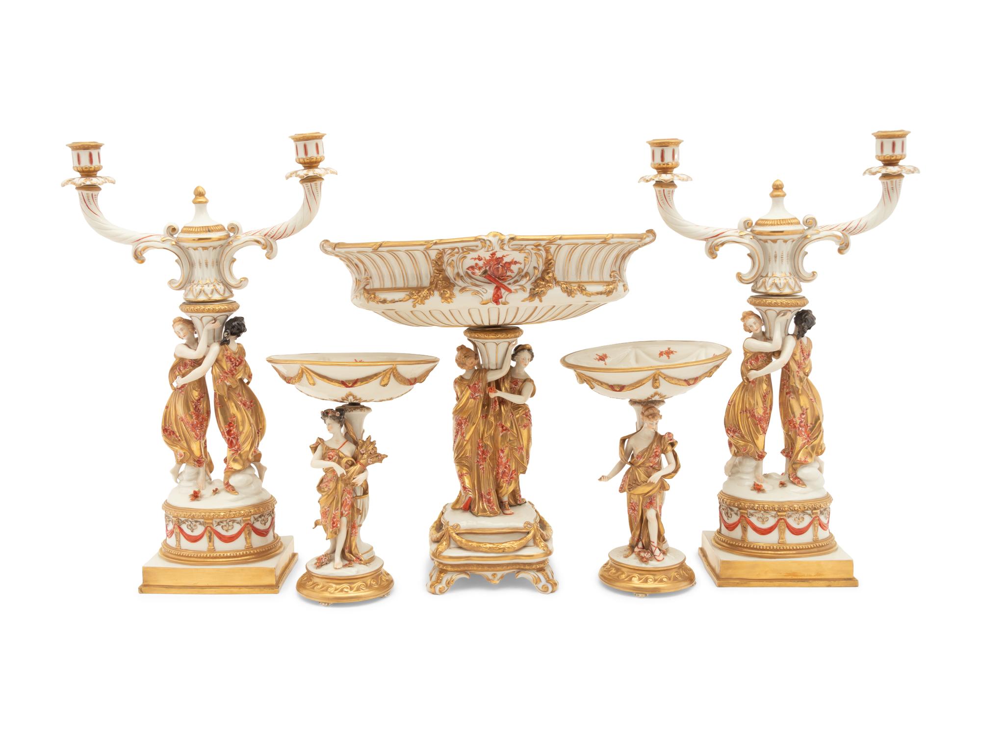 A Capodimonte Porcelain Figural Seventeen-Piece Table Garniture