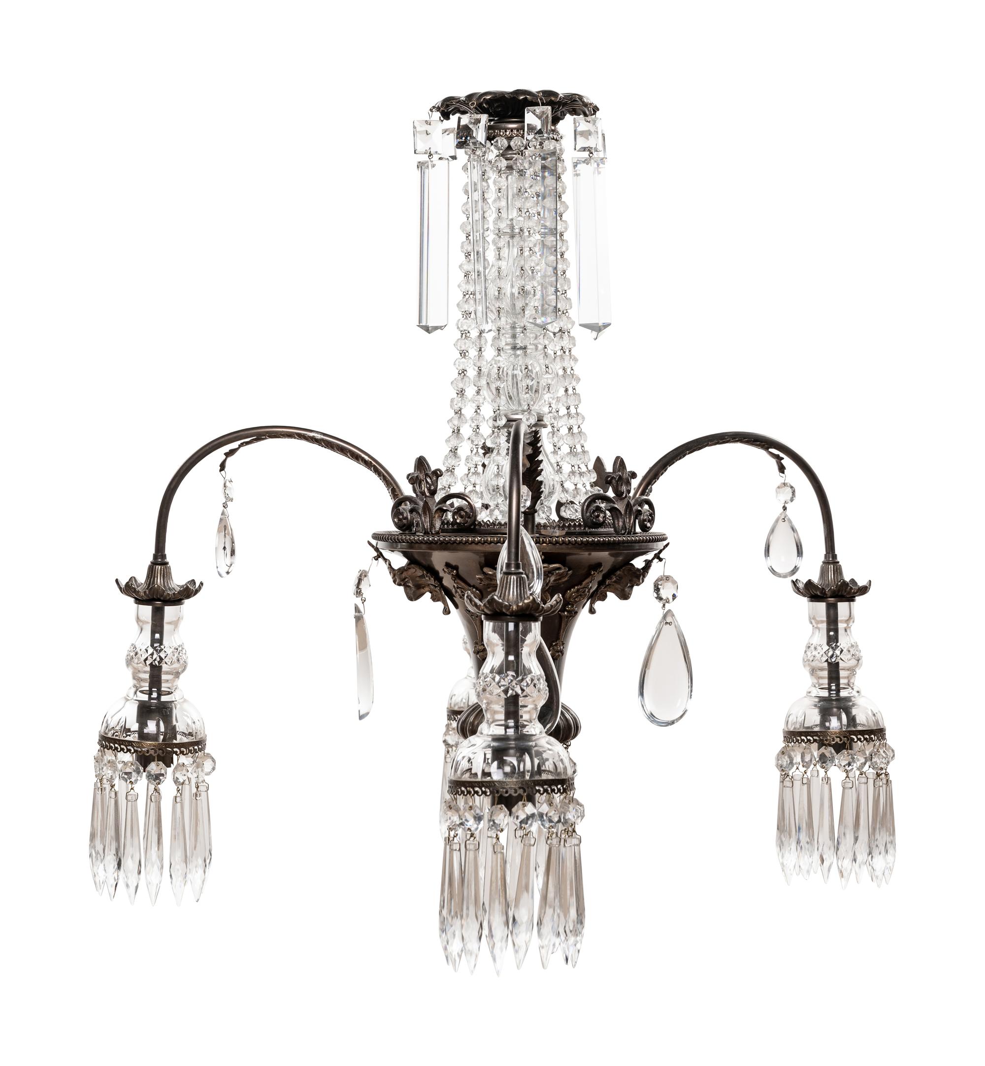 A Continental Bronze and Cut Glass Five-Light Chandelier