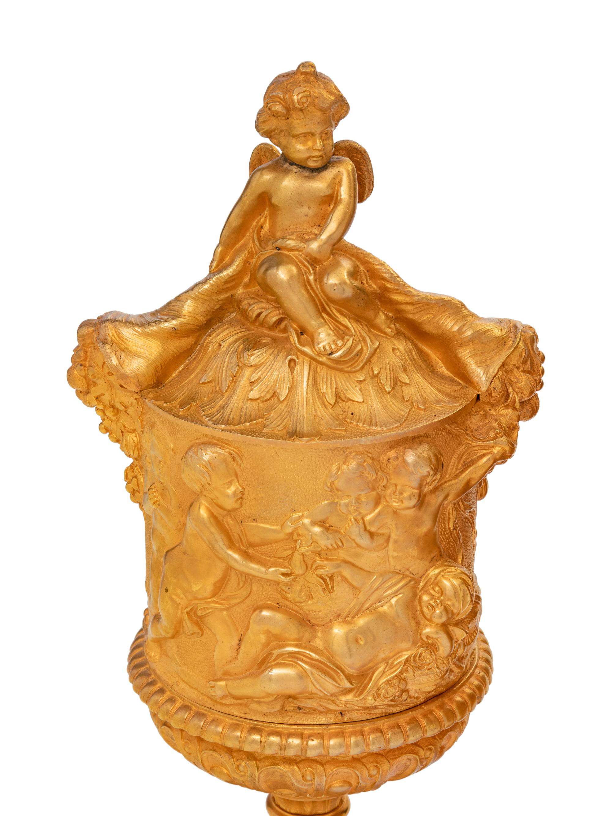 A Pair of Louis XV Style Gilt Bronze Covered Cache Pots
