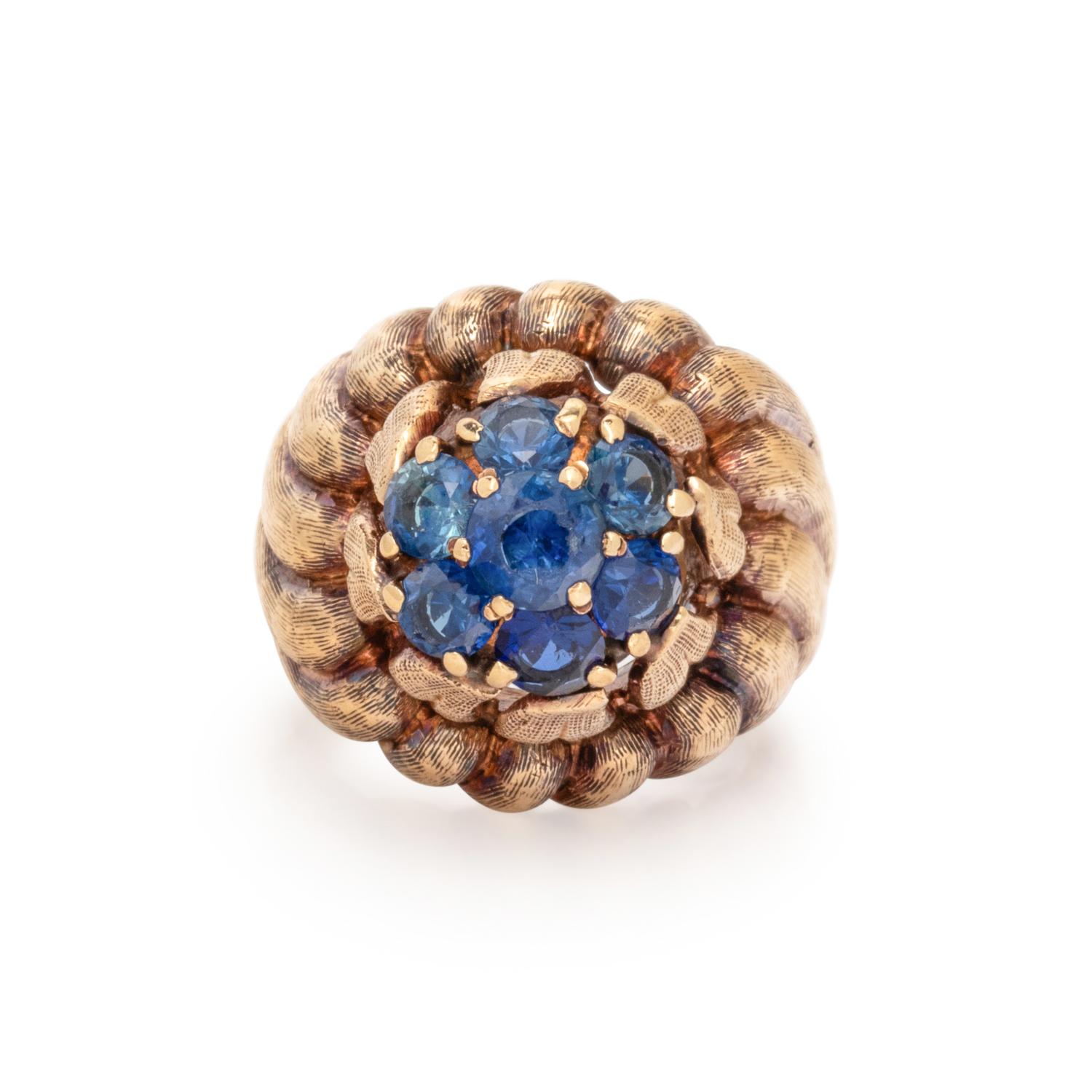 YELLOW GOLD, SAPPHIRE, AND SYNTHETIC SAPPHIRE RING