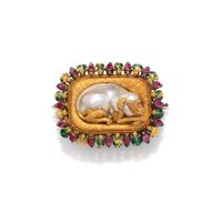 GILT, BAROQUE PEARL, RUBY, ENAMEL DOG BROOCH