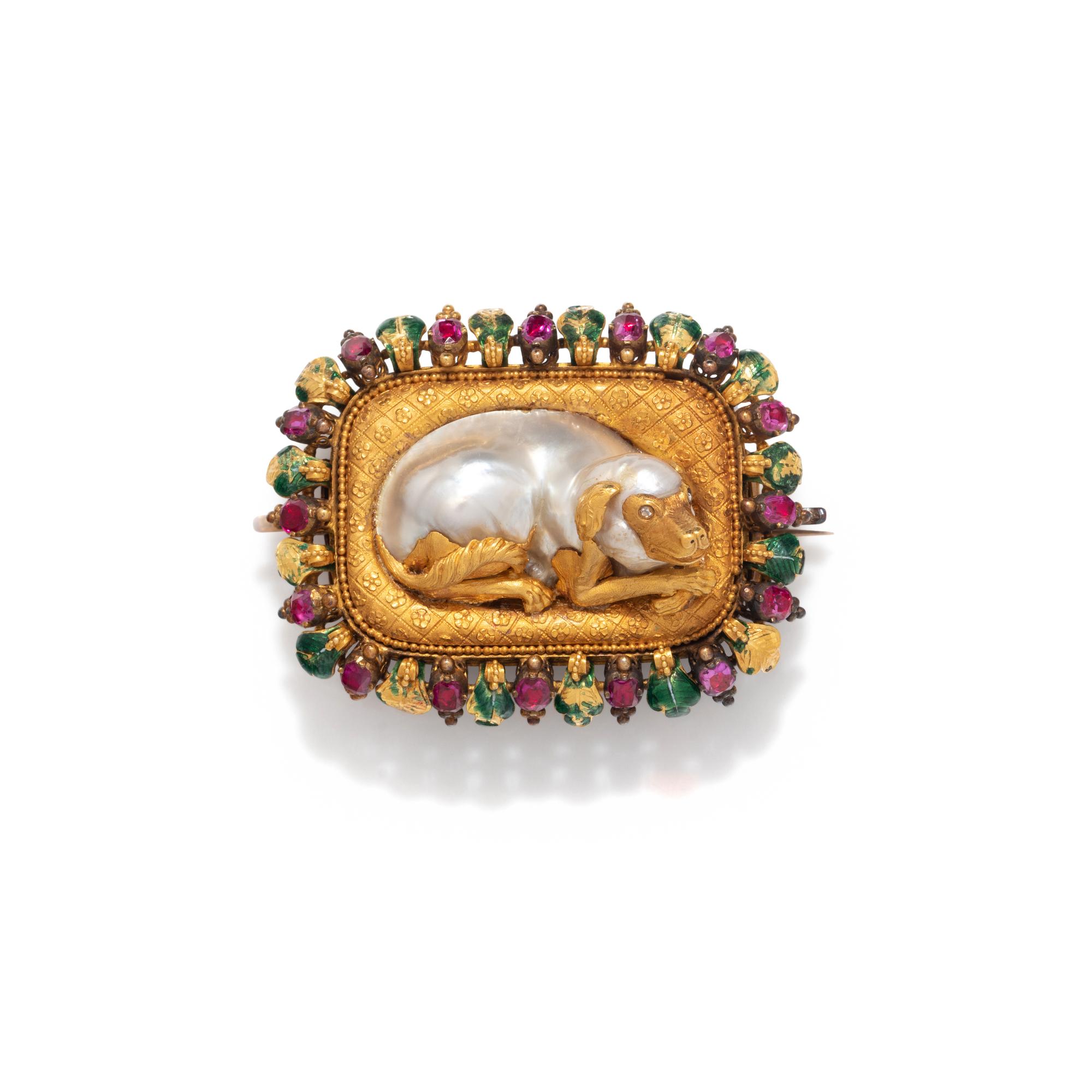 GILT, BAROQUE PEARL, RUBY, ENAMEL DOG BROOCH