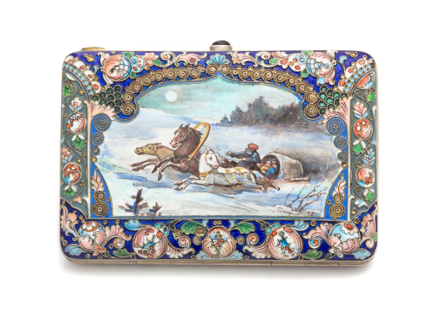 A Russian Enameled Silver Cigarette Case, Mark of Dmitry Gorbanov, Moscow, Late 19th/Early 20th Century, the lid centered by a painted