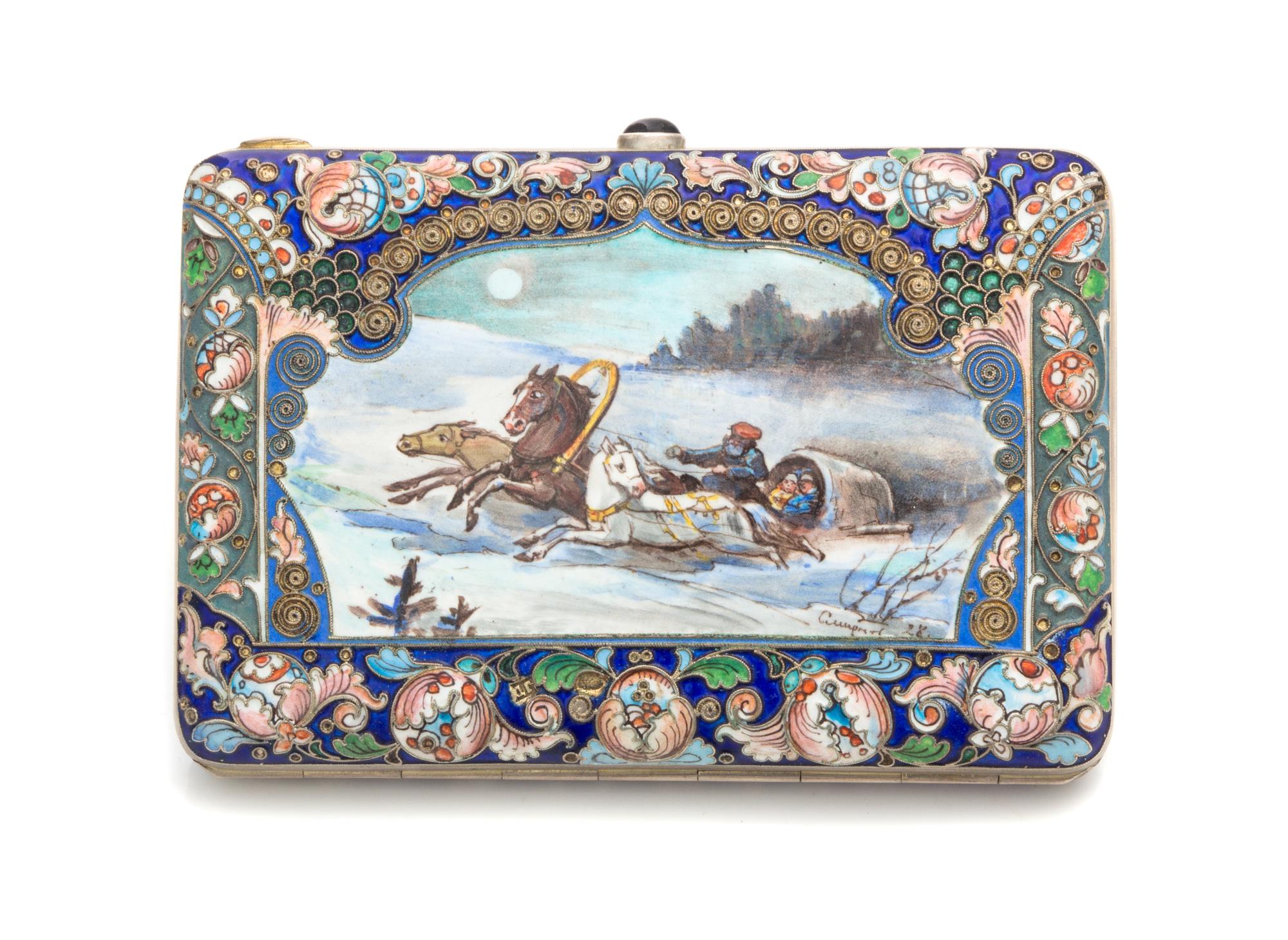 A Russian Enameled Silver Cigarette Case, Mark of Dmitry Gorbanov, Moscow, Late 19th/Early 20th Century, the lid centered by a painted