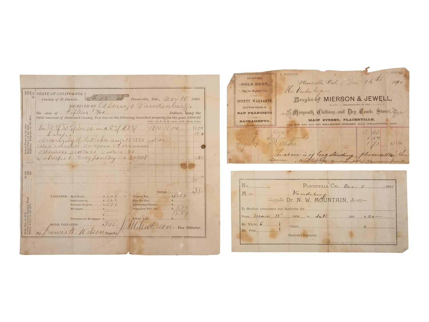 [MINING -- CALIFORNIA]. A receipt, tax document, and medical document from the California mining frontier. Placerville, CA, 1890-1891.