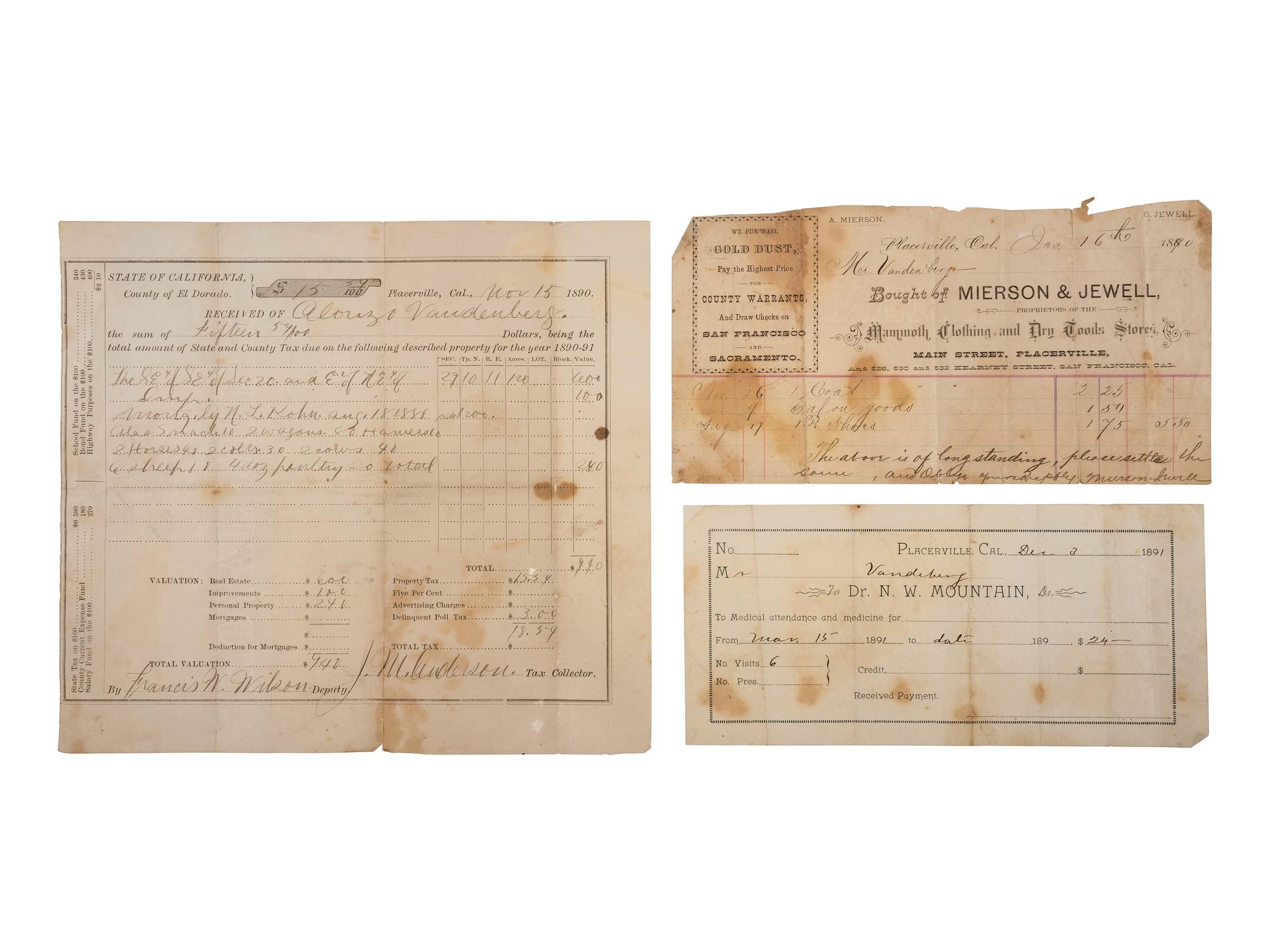 [MINING -- CALIFORNIA]. A receipt, tax document, and medical document from the California mining frontier. Placerville, CA, 1890-1891.