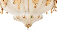 A Continental Gilt Metal and Jeweled Opaline Glass Twelve-Light Chandelier