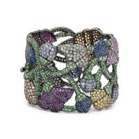 DIAMOND, COLORED DIAMOND, MULTICOLORED GEMSTONE, AND BLACKENED GOLD FLOWER CUFF BRACELET
