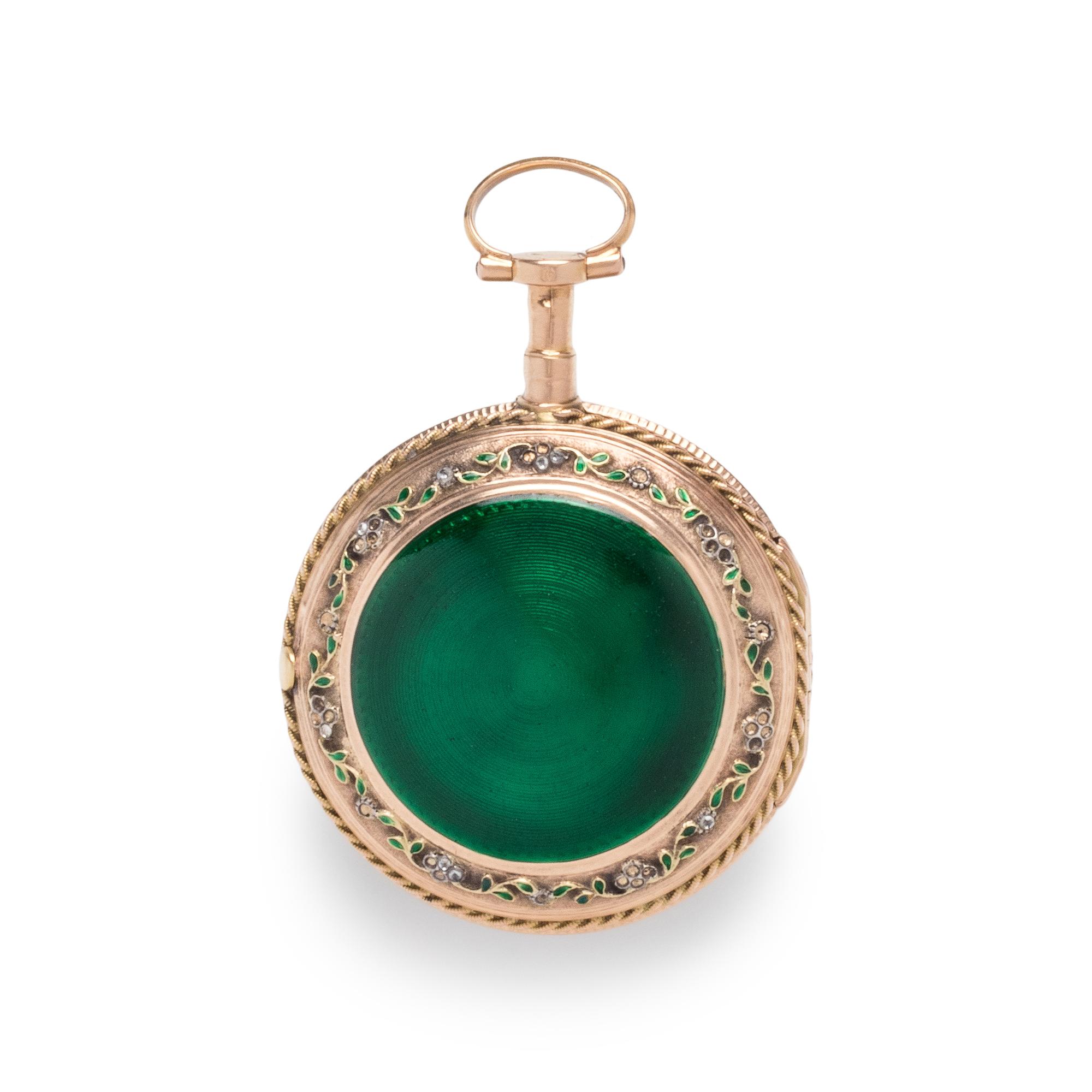 JULIEN LE ROY, PASTE AND ENAMEL OPEN FACE POCKET WATCH