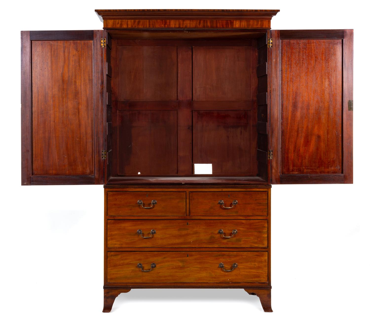 A George III Mahogany Linen Press Height 84 x width 51 x depth 23 3/4 inches. — 18TH/19TH CENTURY
