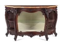 A Rococo Revival Carved Walnut Marble-Top Vitrine Cabinet