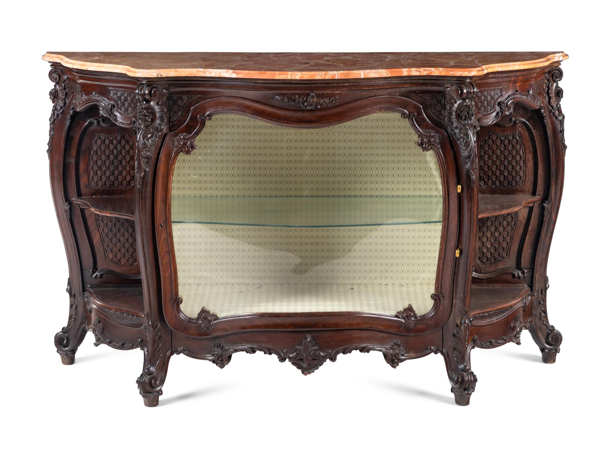 A Rococo Revival Carved Walnut Marble-Top Vitrine Cabinet