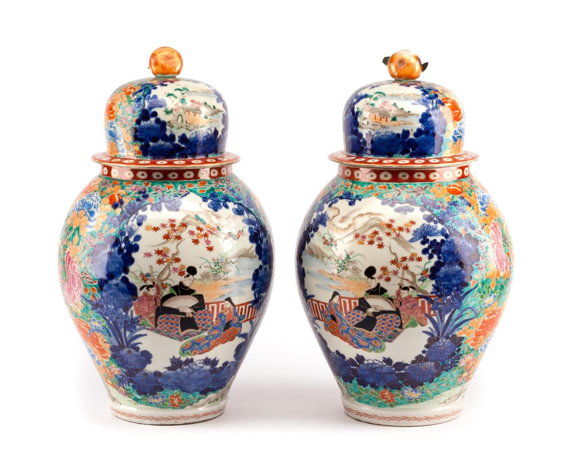 A Pair of Japanese Kutani Porcelain Covered Jars
