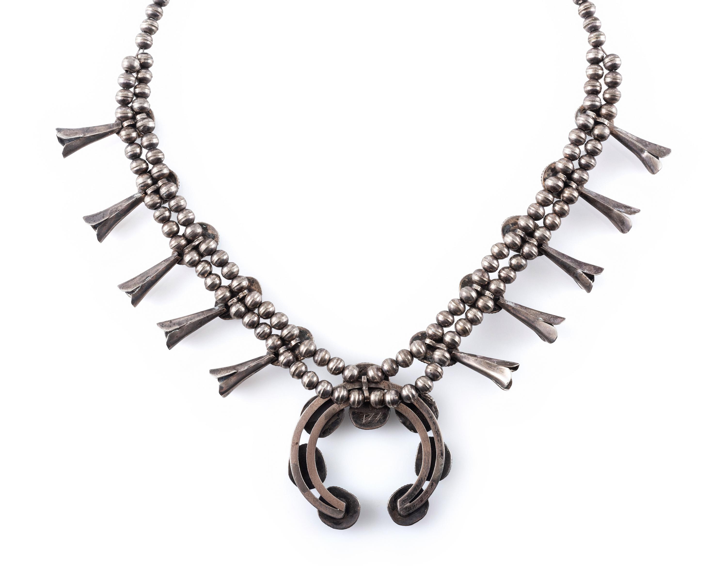 Petit Navajo Silver and Turquoise Squash Blossom Necklace