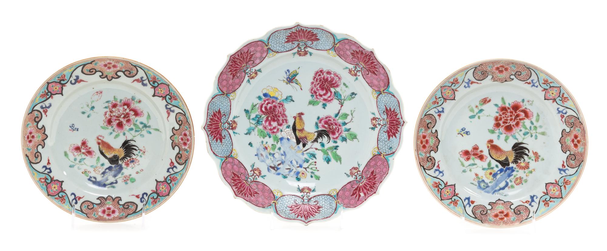 Three Chinese Export Famille Rose Porcelain Plates Width of largest 10 7/8 inches. — 18TH CENTURY
