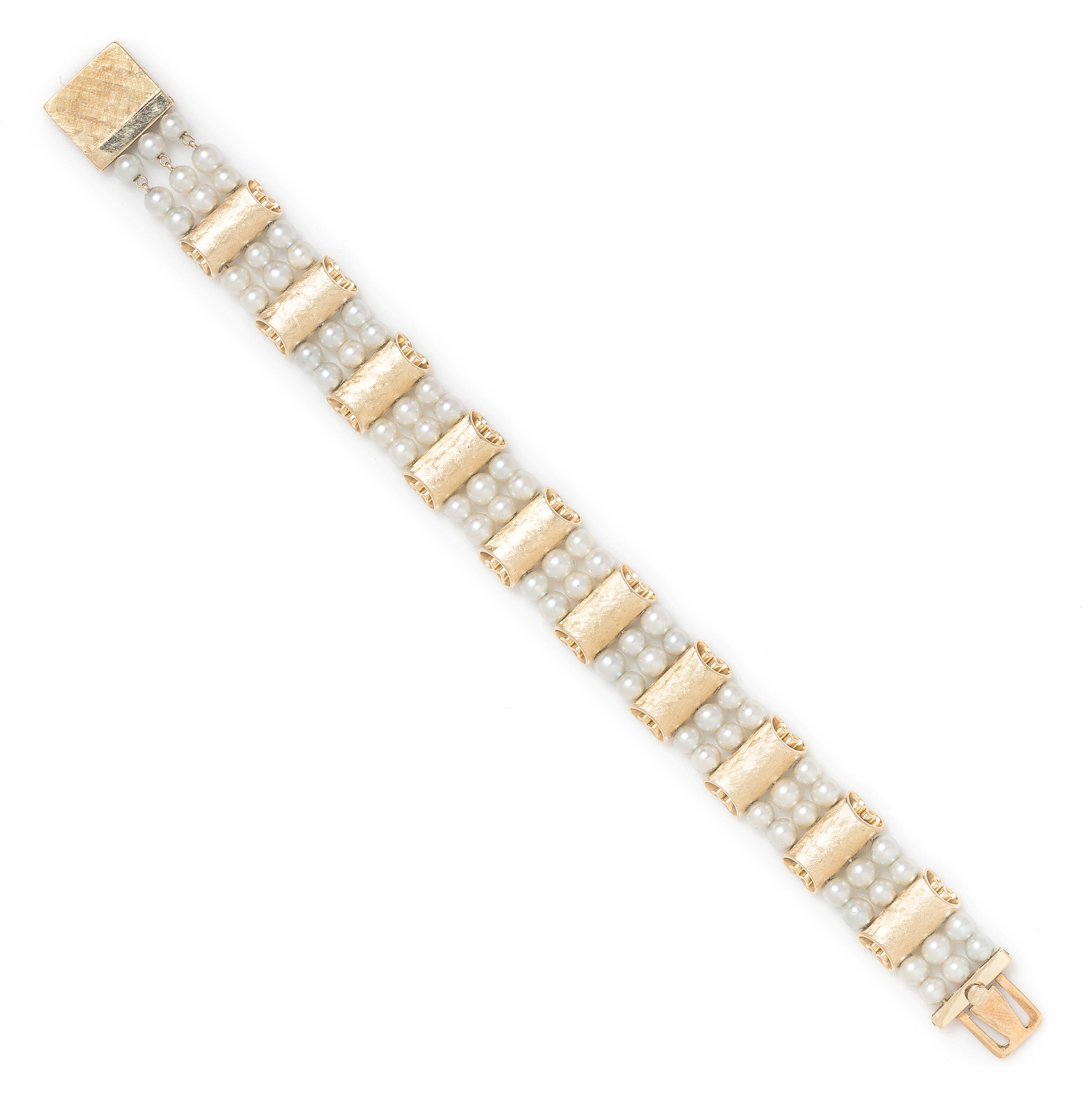 A 14 Karat Yellow Gold and Pearl Bracelet, Lucien Picard, 16.60 dwts.