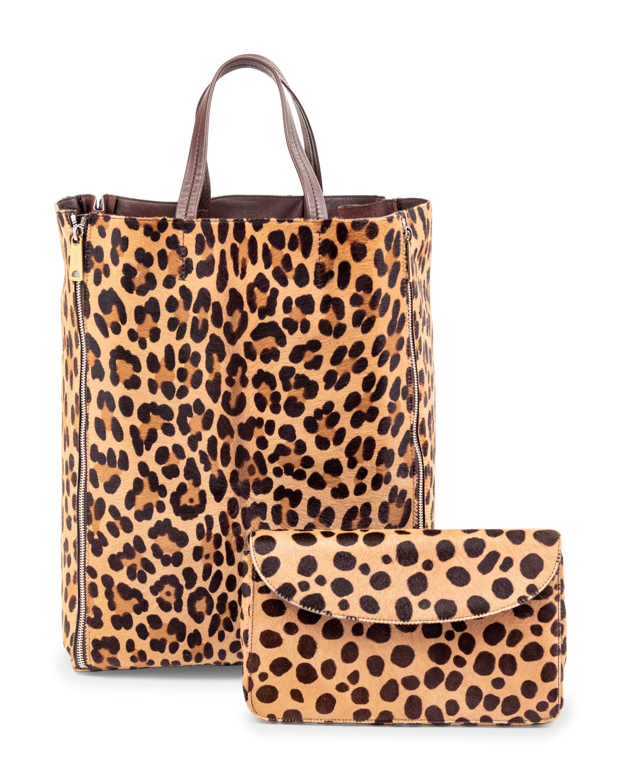 Two Designer Pony Hair Bags: One Céline Leopard Print Tote and One Prada Animal Print Clutch