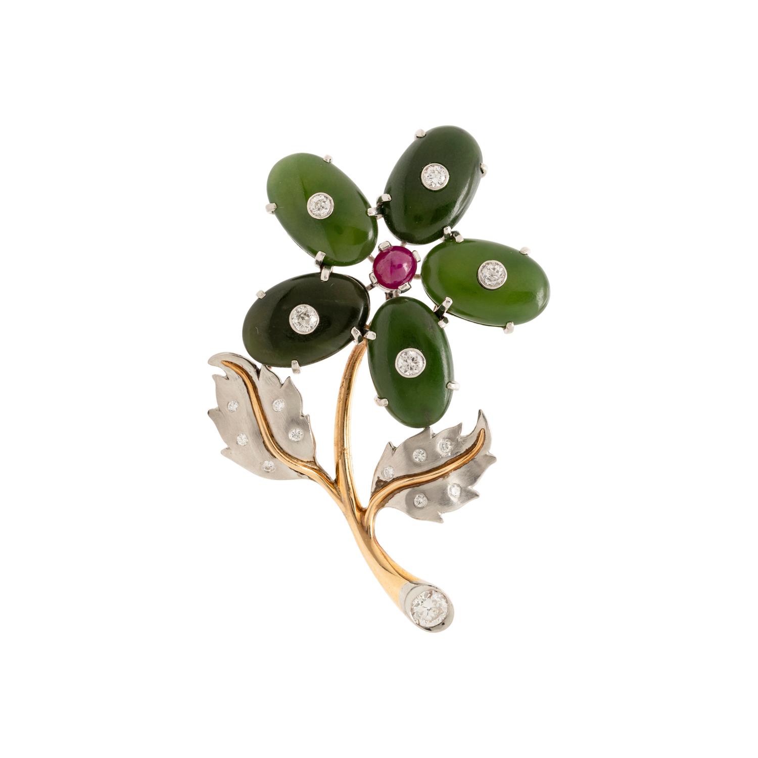 JADE, DIAMOND AND RUBY FLOWER BROOCH