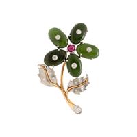 JADE, DIAMOND AND RUBY FLOWER BROOCH