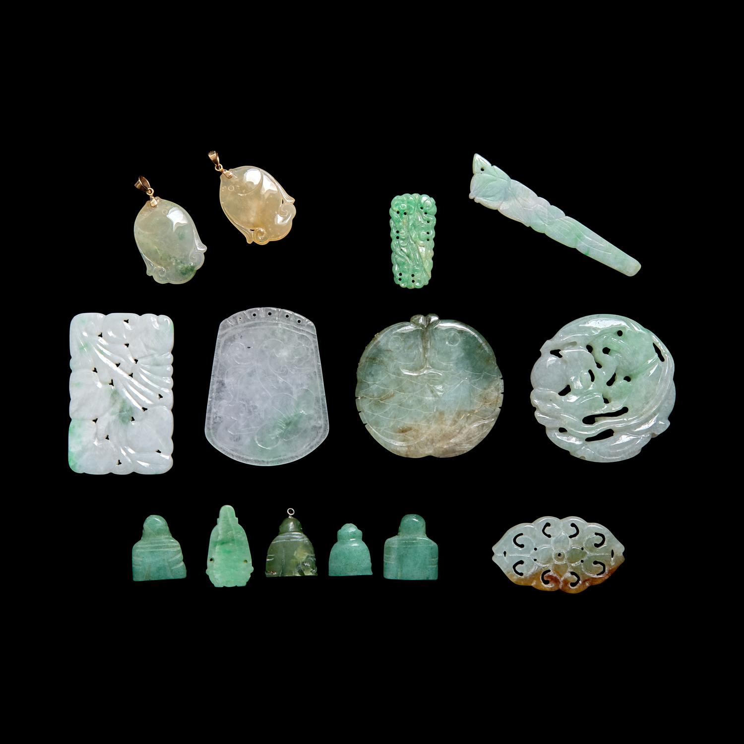Fourteen Chinese Jadeite and Jade Pendants