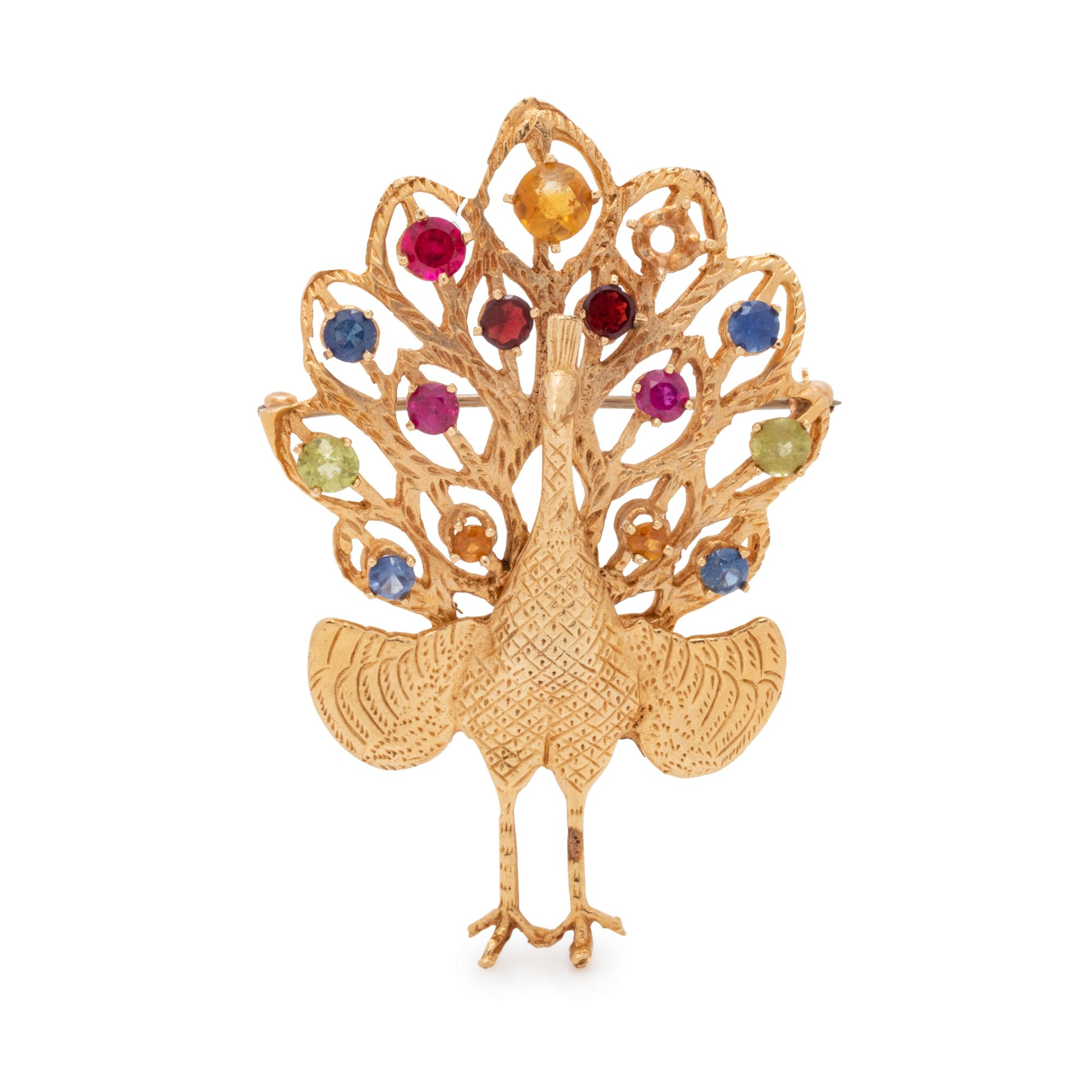 YELLOW GOLD PEACOCK BROOCH